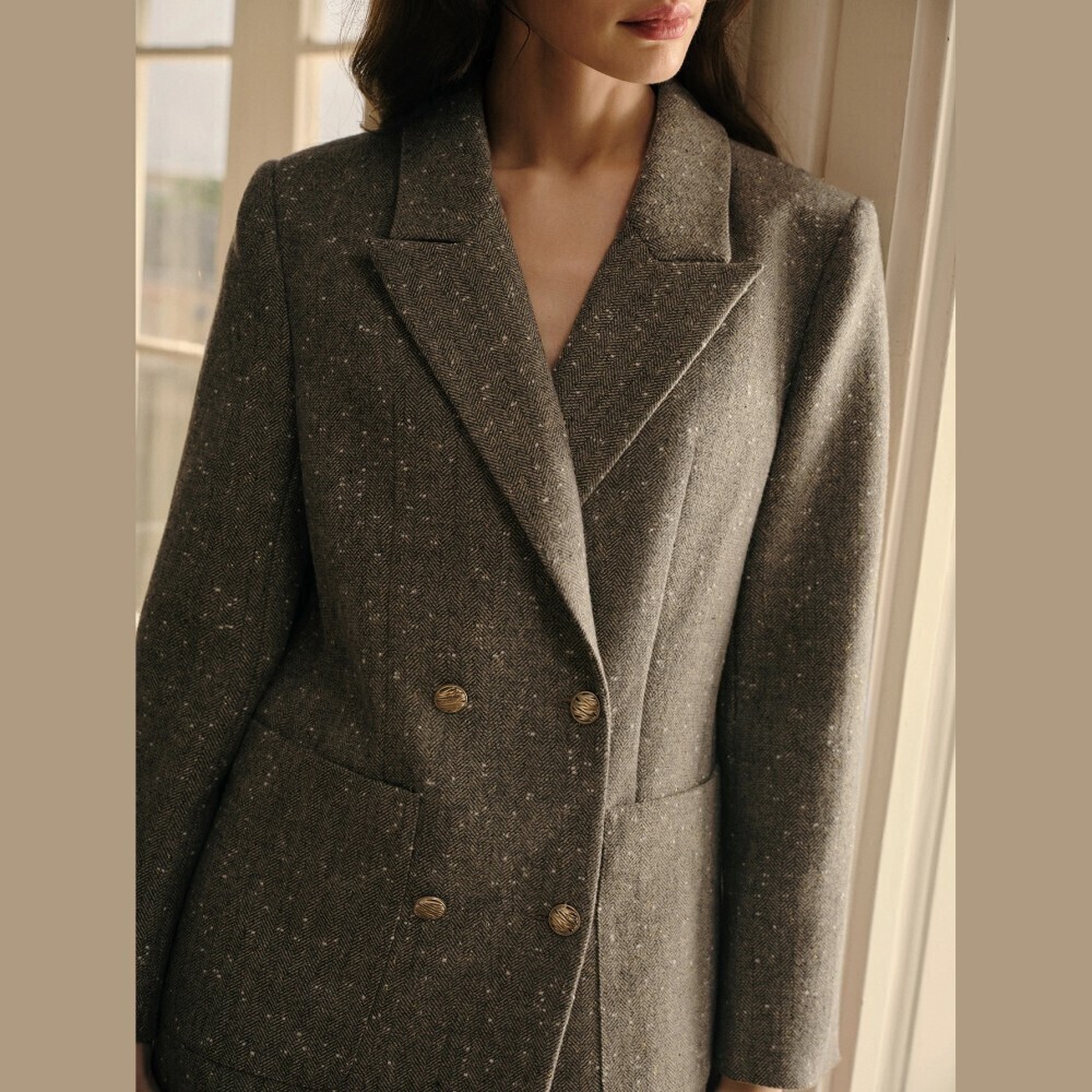 Gray Herringbone Speckled Tweed Double Breasted Notch Lapel Blazer